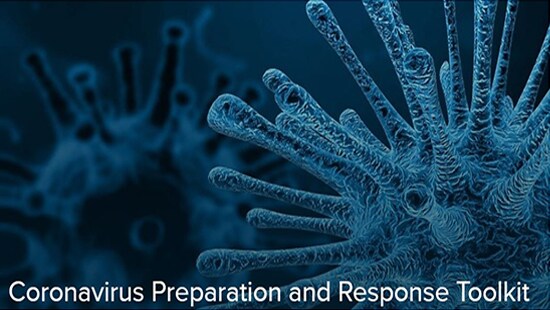  Cover of Ecolab's Coronavirus Preparation and Response Toolkit with microscope image of bacteria. 