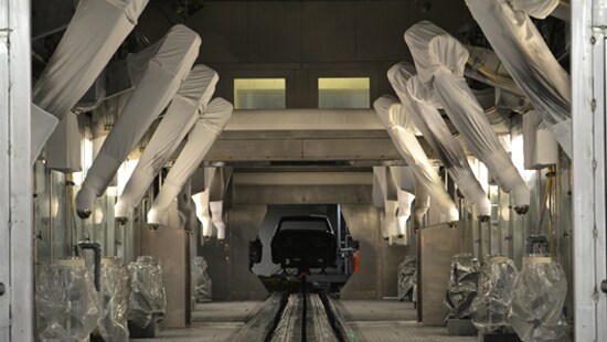 Inside an automotive paint booth
