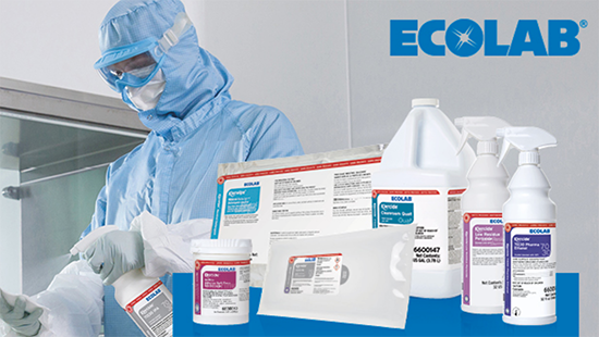 Ecolab Klercide products with cleanroom technician straying onto a wipe