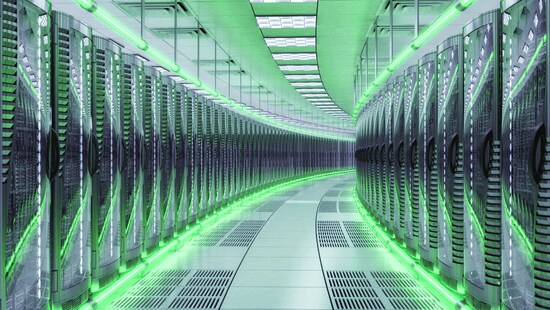 A futuristic data center illuminated with green LED lights