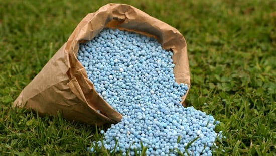Large brown bag torn open and dry blue pellets spilling out onto the green grass.